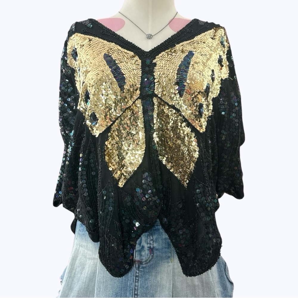 Vintage silk fully beaded sequin butterfly top with shoulder pads